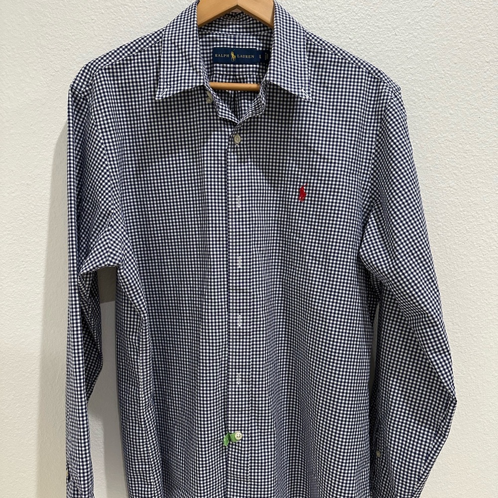 Ralph Lauren Large button down dress Shirt navy blue and white checkered